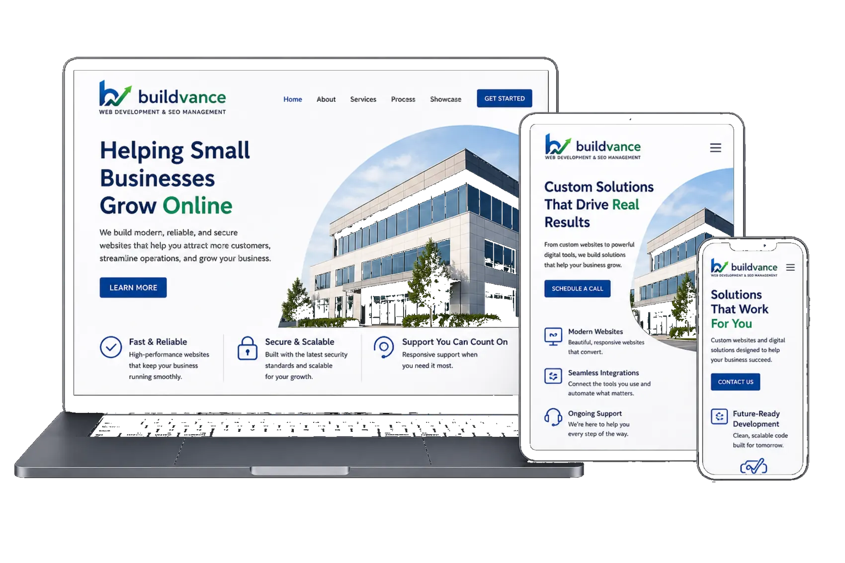 Buildvance Tampa web design and software mockups on laptop, tablet, and phone